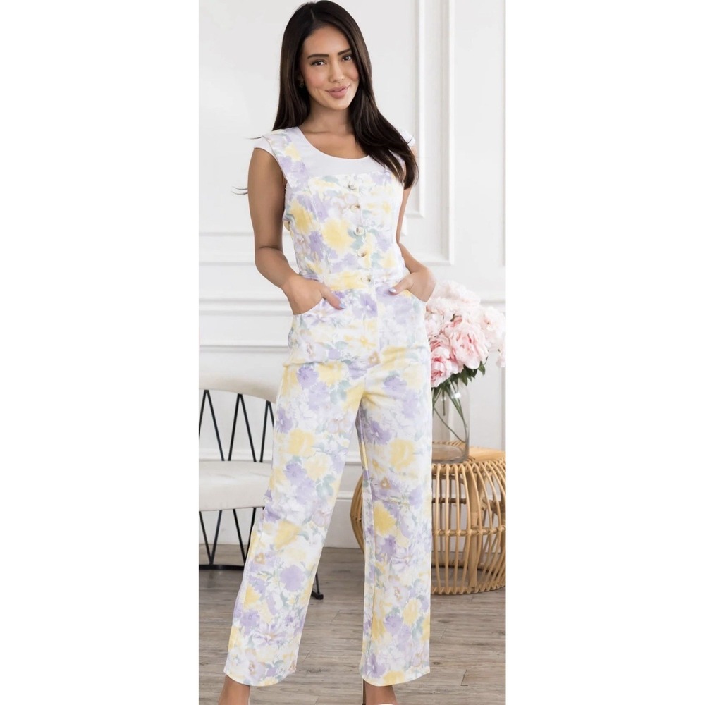 Baevely Floral Denim‎ Jumpsuit Size M The Luminere Yellow Purple Overalls